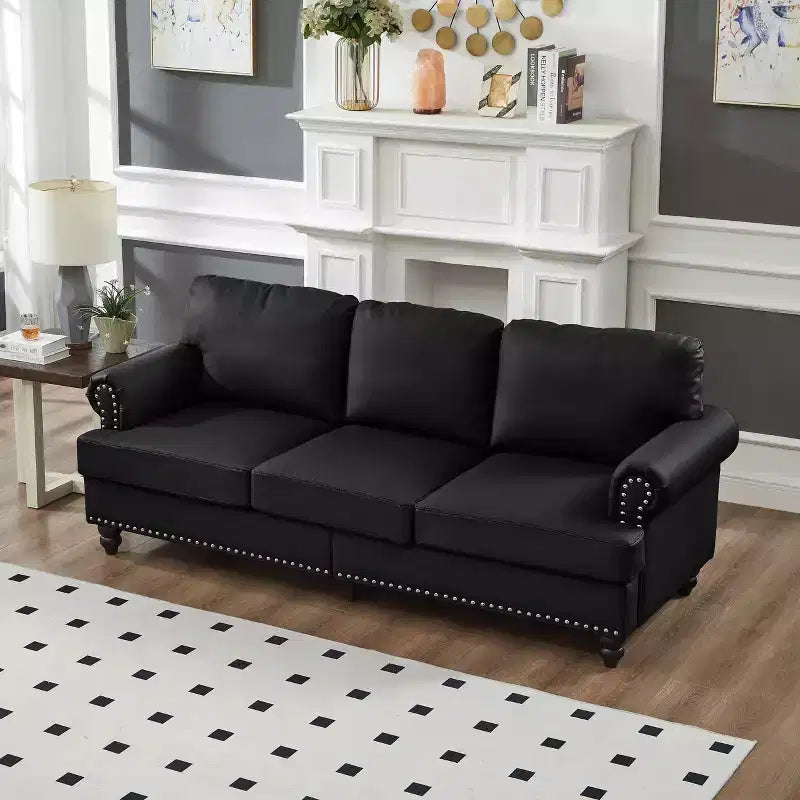 83 Canapé moderne trois places avec clous, revêtement imitation cuir de vachette, pour salon, noir