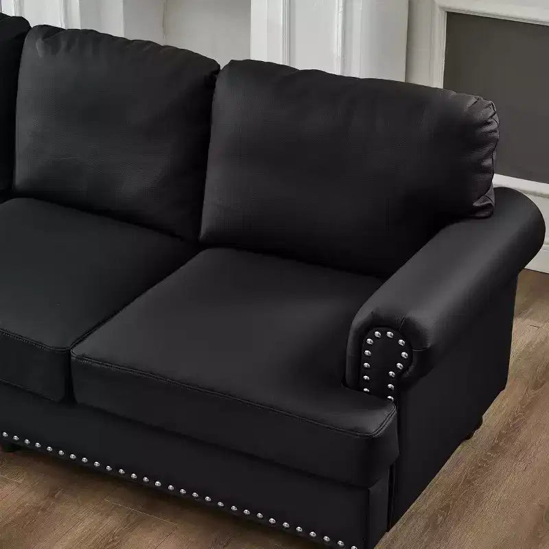 83 Canapé moderne trois places avec clous, revêtement imitation cuir de vachette, pour salon, noir