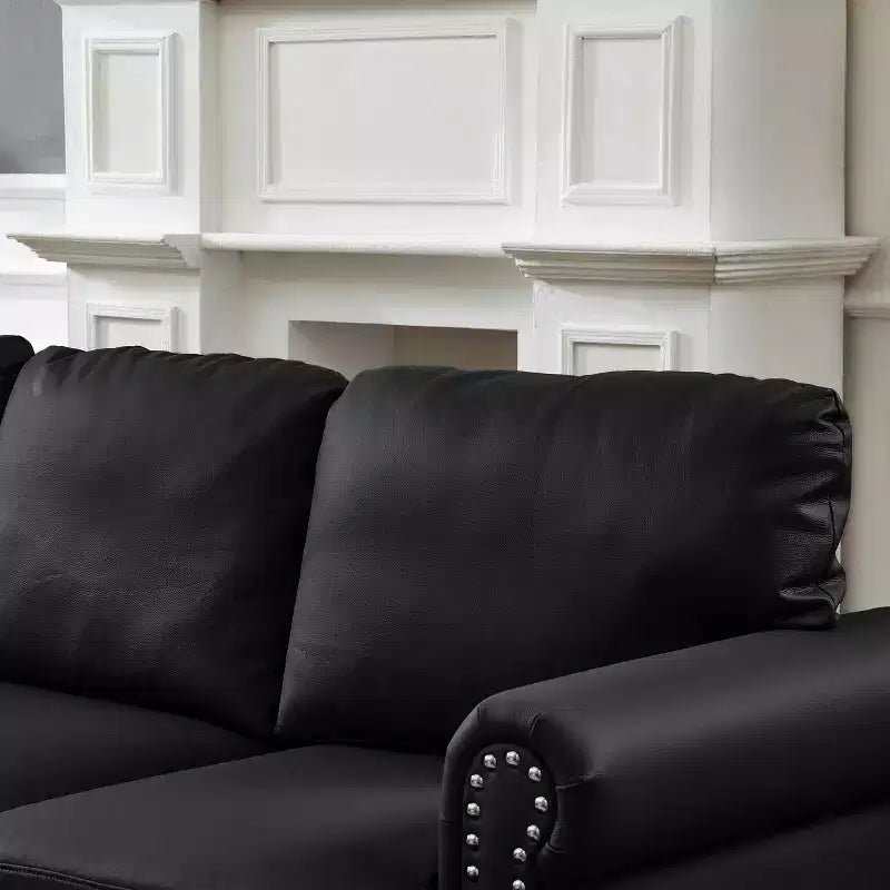 83 Canapé moderne trois places avec clous, revêtement imitation cuir de vachette, pour salon, noir