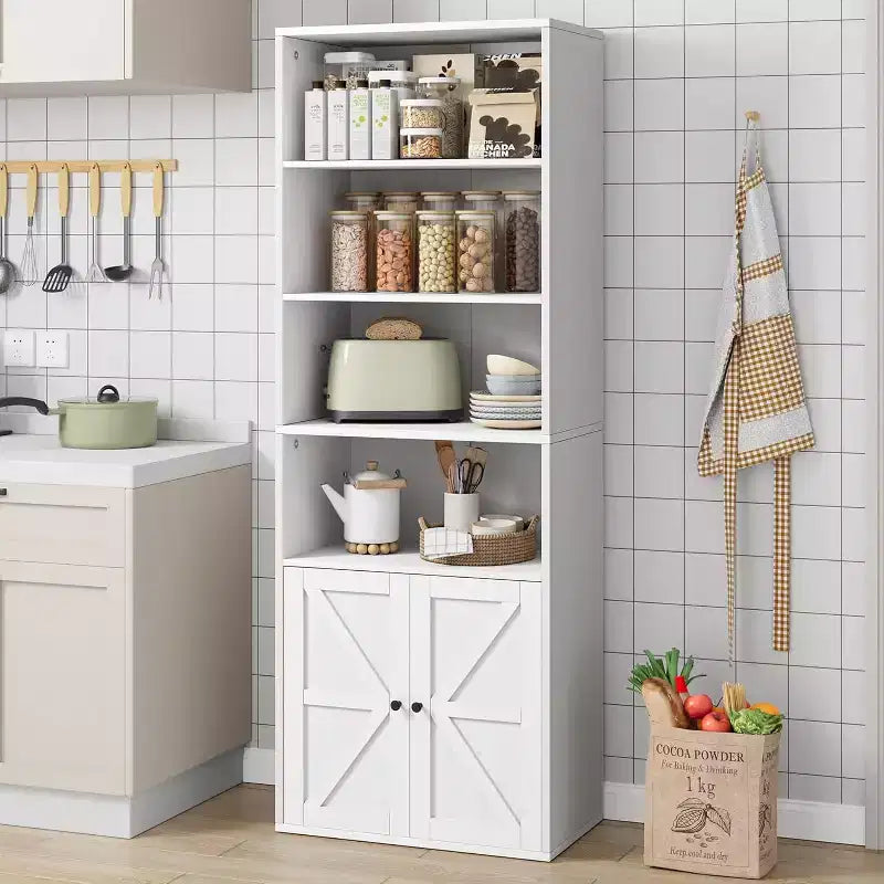 Étagère à 6 niveaux de 181 cm de haut, style ferme avec 4 portes, pour salon et bureau, montage facile