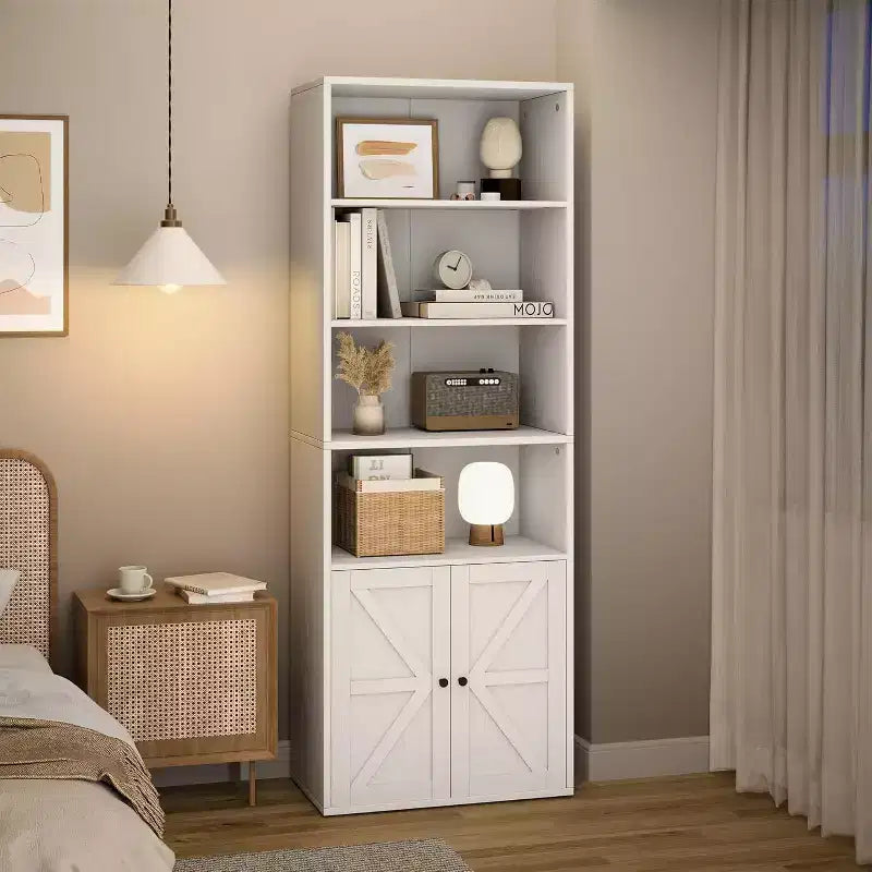 Étagère à 6 niveaux de 181 cm de haut, style ferme avec 4 portes, pour salon et bureau, montage facile