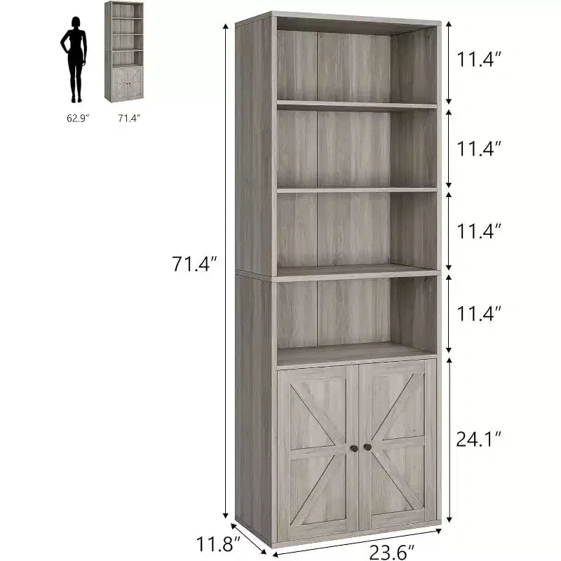 Étagère à 6 niveaux de 181 cm de haut, style ferme avec 4 portes, pour salon et bureau, montage facile