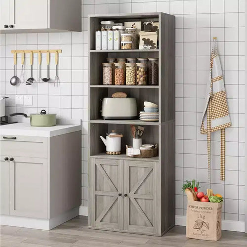 Étagère à 6 niveaux de 181 cm de haut, style ferme avec 4 portes, pour salon et bureau, montage facile