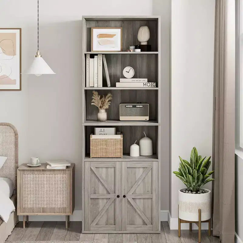 71.4 Inch Tall 6-Shelf Bookcase, Farmhouse Style with 4 Doors, for Living Room and Home Office, Easy Assembly