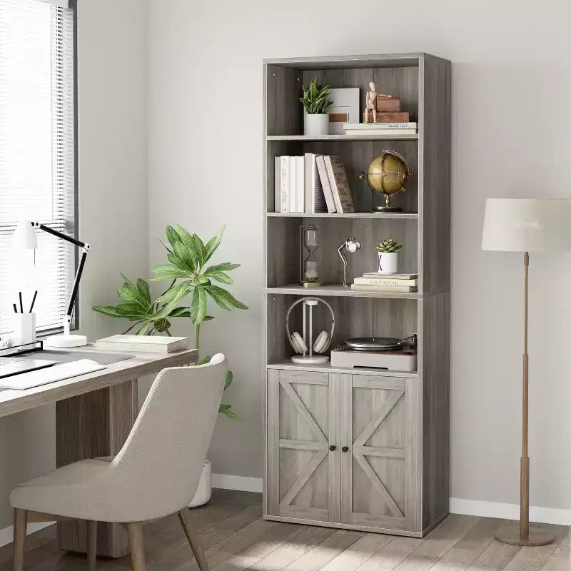 Étagère à 6 niveaux de 181 cm de haut, style ferme avec 4 portes, pour salon et bureau, montage facile