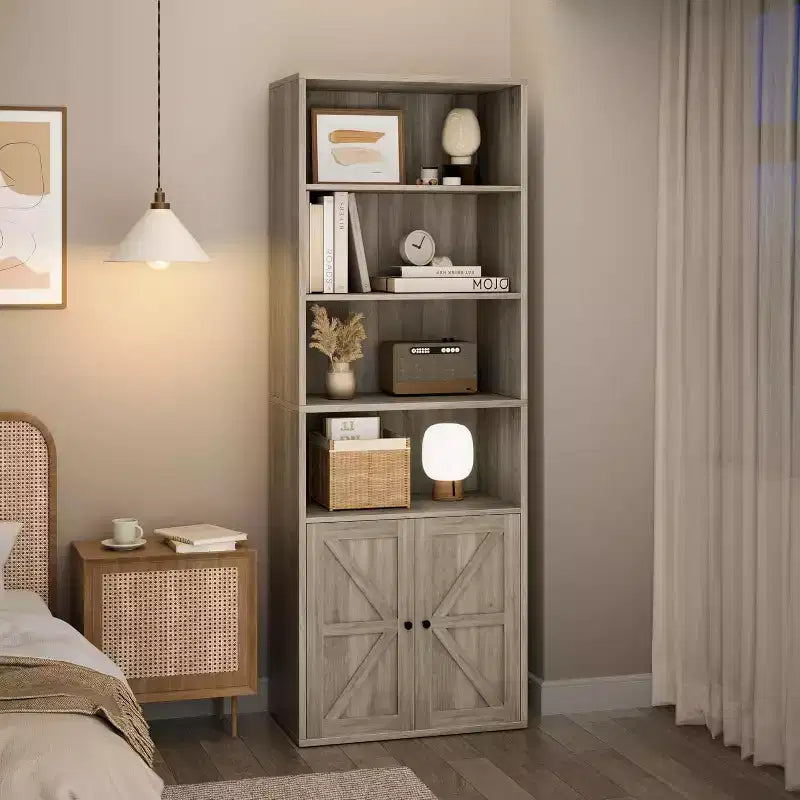 Étagère à 6 niveaux de 181 cm de haut, style ferme avec 4 portes, pour salon et bureau, montage facile