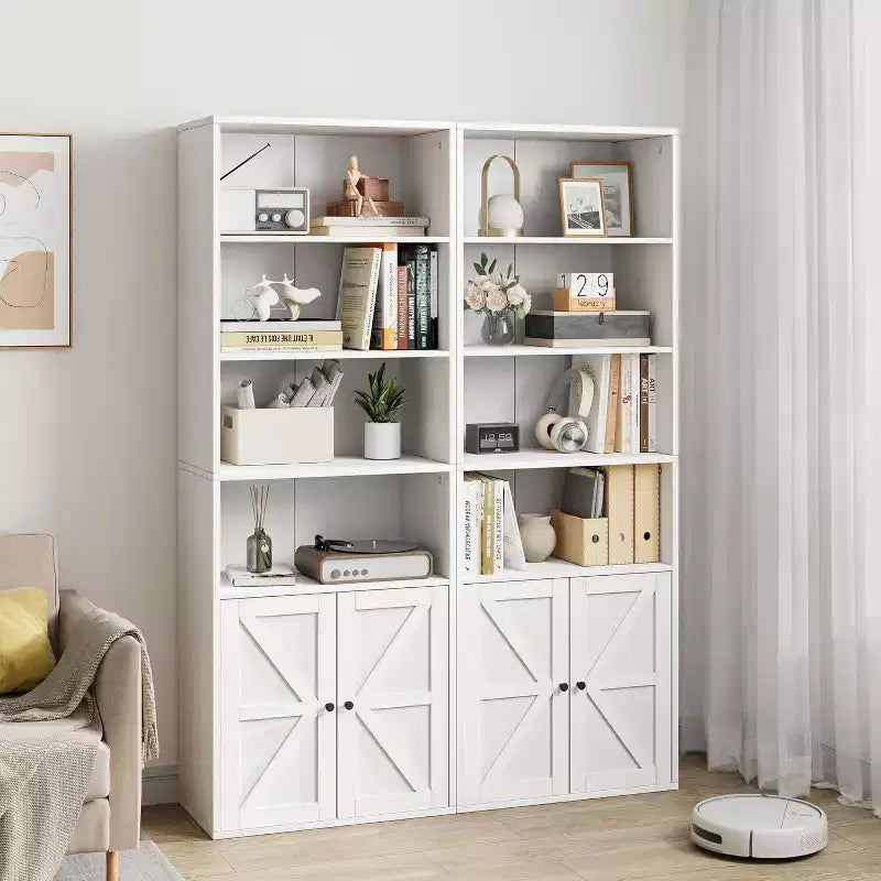 71.4 Inch Tall 6-Shelf Bookcase, Farmhouse Style with 4 Doors, for Living Room and Home Office, Easy Assembly