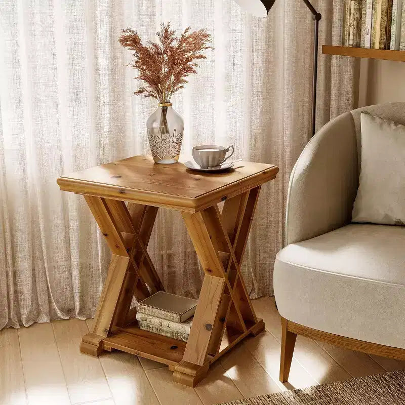 Table d'appoint en bois massif, petite table d'appoint carrée, table de chevet de style ferme à 2 niveaux pour salon, chevet, bout de canapé, chambre, petits espaces, marron