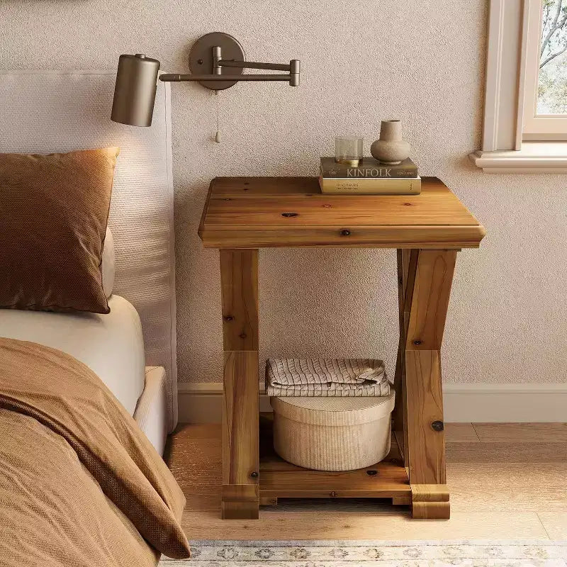 Table d'appoint en bois massif, petite table d'appoint carrée, table de chevet de style ferme à 2 niveaux pour salon, chevet, bout de canapé, chambre, petits espaces, marron