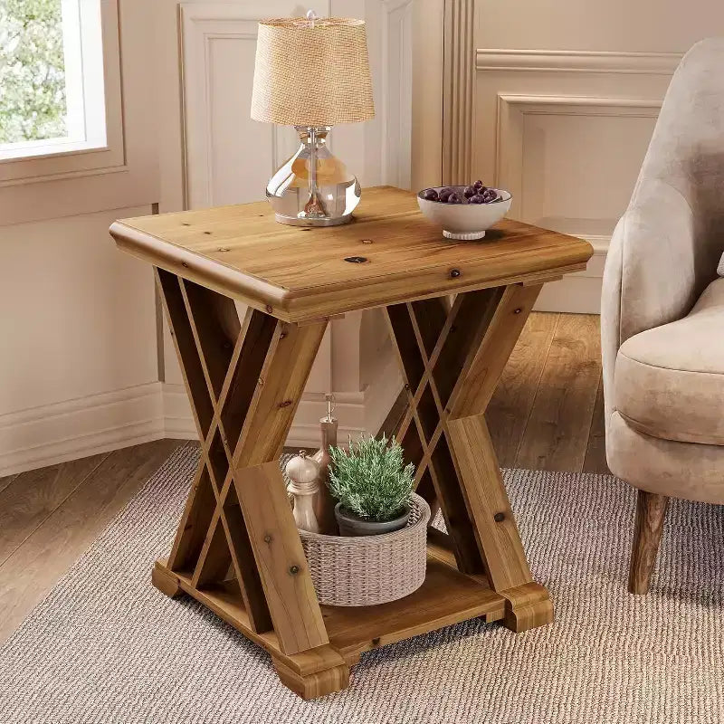 Table d'appoint en bois massif, petite table d'appoint carrée, table de chevet de style ferme à 2 niveaux pour salon, chevet, bout de canapé, chambre, petits espaces, marron