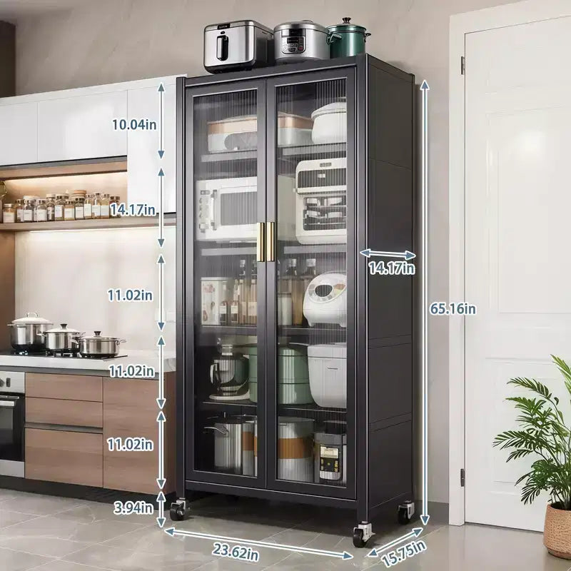67.3 Meuble de rangement pour garde-manger de cuisine avec porte en verre acrylique, étagères réglables et roulettes, armoires hautes en métal pour garde-manger, pour la cuisine