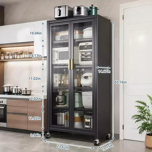 67.3 Meuble de rangement pour garde-manger de cuisine avec porte en verre acrylique, étagères réglables et roulettes, armoires hautes en métal pour garde-manger, pour la cuisine