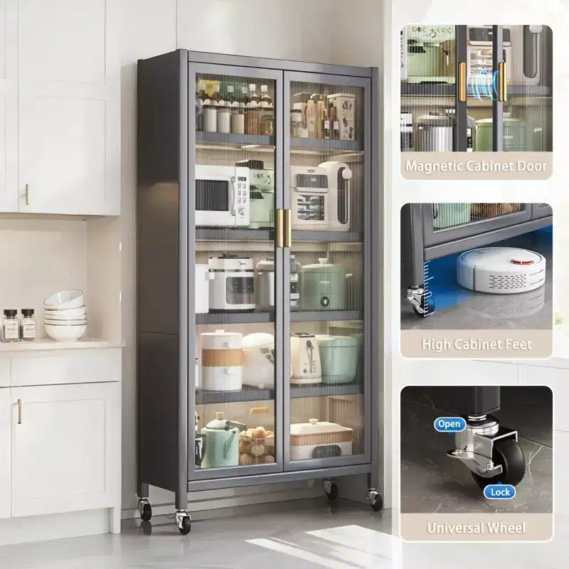 67.3 Meuble de rangement pour garde-manger de cuisine avec porte en verre acrylique, étagères réglables et roulettes, armoires hautes en métal pour garde-manger, pour la cuisine