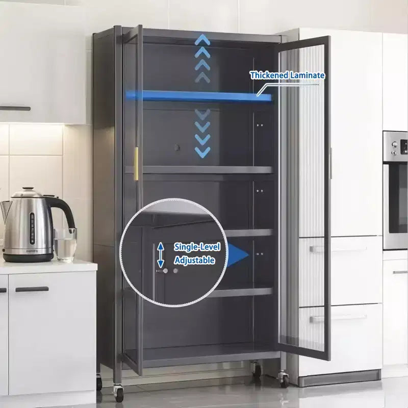 67.3 Meuble de rangement pour garde-manger de cuisine avec porte en verre acrylique, étagères réglables et roulettes, armoires hautes en métal pour garde-manger, pour la cuisine