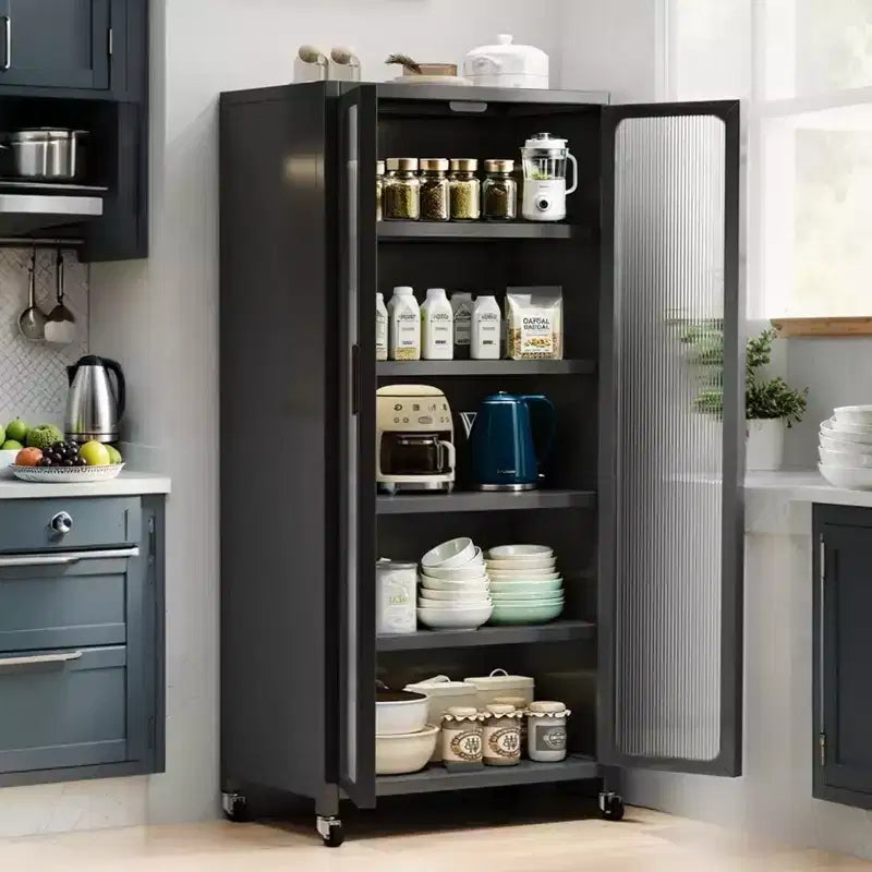 67.3 Meuble de rangement pour garde-manger de cuisine avec porte en verre acrylique, étagères réglables et roulettes, armoires hautes en métal pour garde-manger, pour la cuisine
