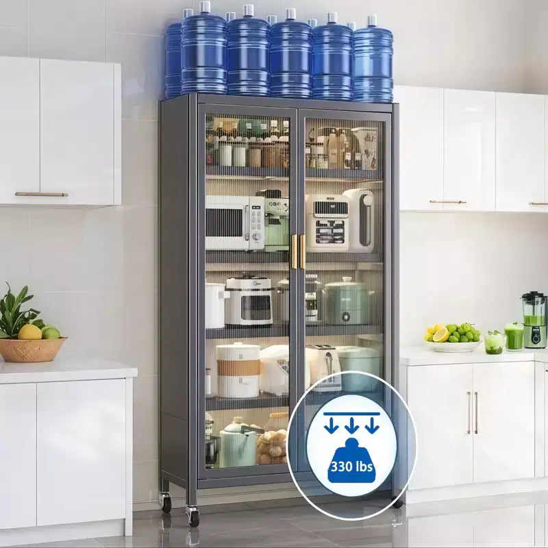 67.3 Meuble de rangement pour garde-manger de cuisine avec porte en verre acrylique, étagères réglables et roulettes, armoires hautes en métal pour garde-manger, pour la cuisine