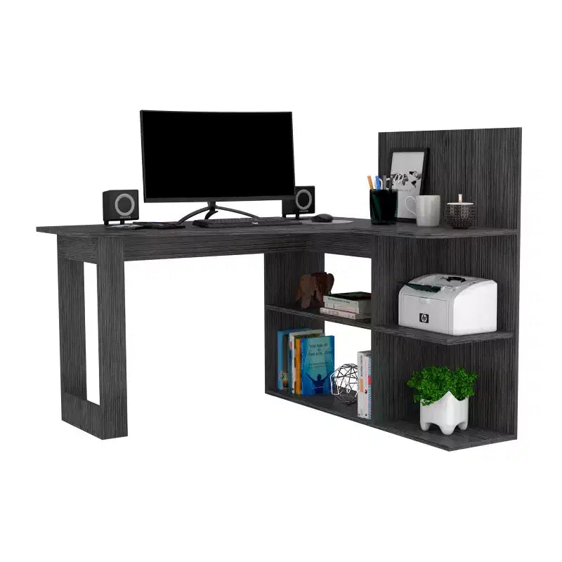 Bureau d'ordinateur d'écriture,Bureau en L avec quatre étagères,Bureau d'angle avec plusieurs niveaux d'étagères ouvertes,Espace de travail étendu pour bureau à domicile,étude