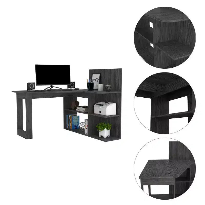 Bureau d'ordinateur d'écriture,Bureau en L avec quatre étagères,Bureau d'angle avec plusieurs niveaux d'étagères ouvertes,Espace de travail étendu pour bureau à domicile,étude