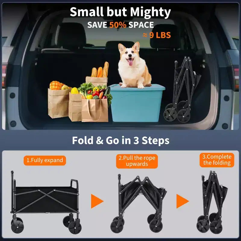 Chariot utilitaire pliable avec roues tout-terrain et poignée réglable – Capacité de 109 kg pour le shopping, le camping et le jardin – Noir