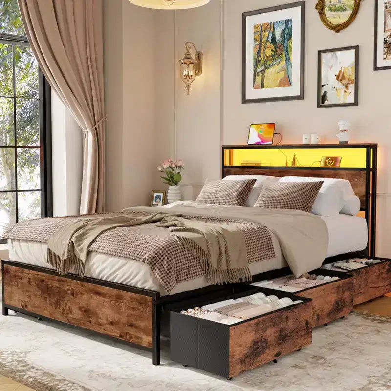 Cadre de lit double industriel avec 6 tiroirs de rangement, lumières LED, station de recharge, tête de lit à 2 étagères, en métal robuste, sans sommier tapissier