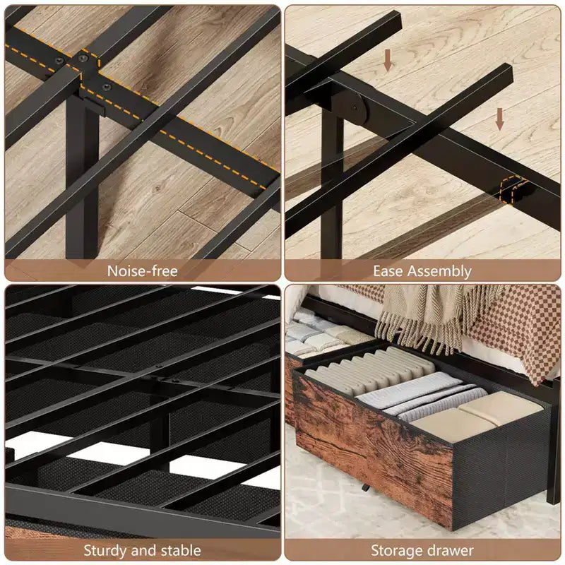 Cadre de lit double industriel avec 6 tiroirs de rangement, lumières LED, station de recharge, tête de lit à 2 étagères, en métal robuste, sans sommier tapissier