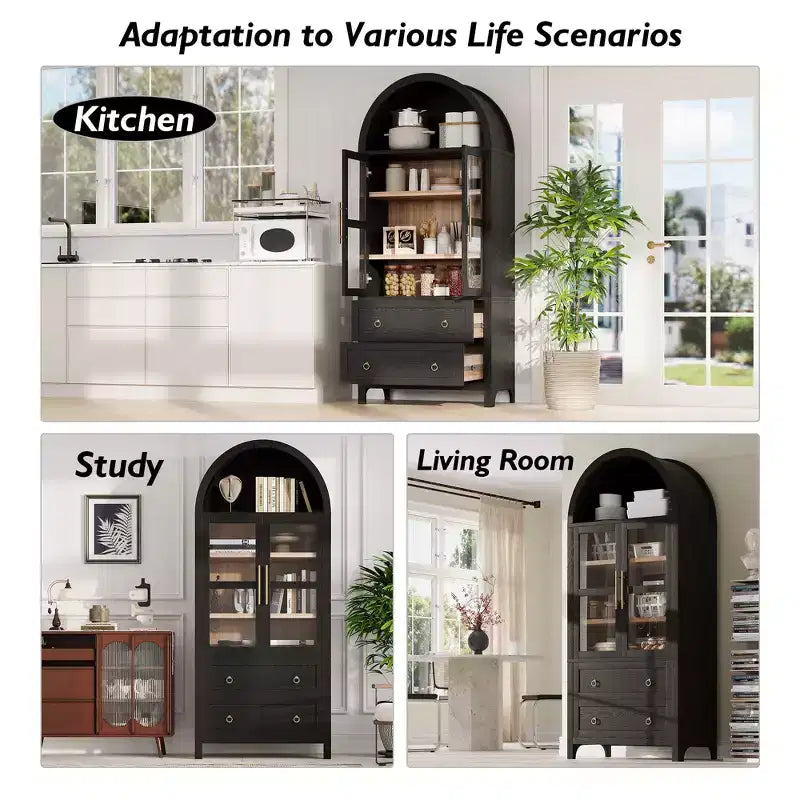 sumyeg 71 Grande Armoire de Cuisine Haute Cintrée avec Portes Vitrées, Étagères Réglables et 2 Grands Tiroirs