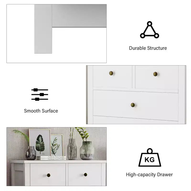 Commode Canellée. Grande Commode 5 Tiroirs avec Poignées et Pieds en Métal Doré. Organisateur de Rangement