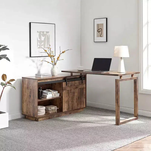 47.25 Bureau en L, Poste de travail avec crédence à porte coulissante de style grange, Bureau réversible pour bureau à domicile, Poste de travail flottant avec dos fini