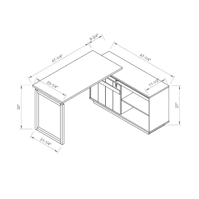 47.25 Bureau en L, Poste de travail avec crédence à porte coulissante de style grange, Bureau réversible pour bureau à domicile, Poste de travail flottant avec dos fini