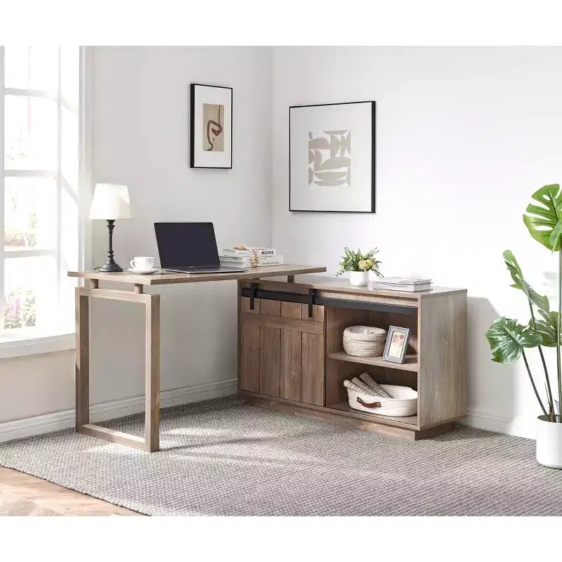 47.25 Bureau en L, Poste de travail avec crédence à porte coulissante de style grange, Bureau réversible pour bureau à domicile, Poste de travail flottant avec dos fini