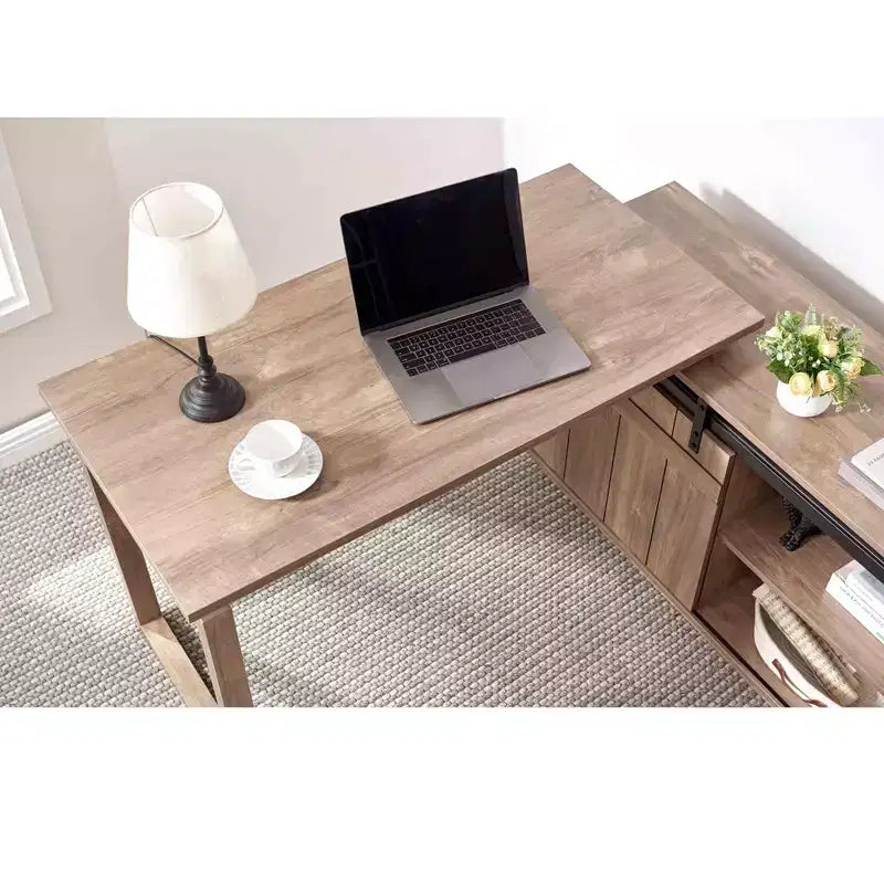 47.25 Bureau en L, Poste de travail avec crédence à porte coulissante de style grange, Bureau réversible pour bureau à domicile, Poste de travail flottant avec dos fini