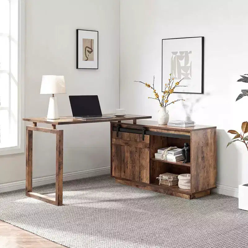 47.25 Bureau en L, Poste de travail avec crédence à porte coulissante de style grange, Bureau réversible pour bureau à domicile, Poste de travail flottant avec dos fini