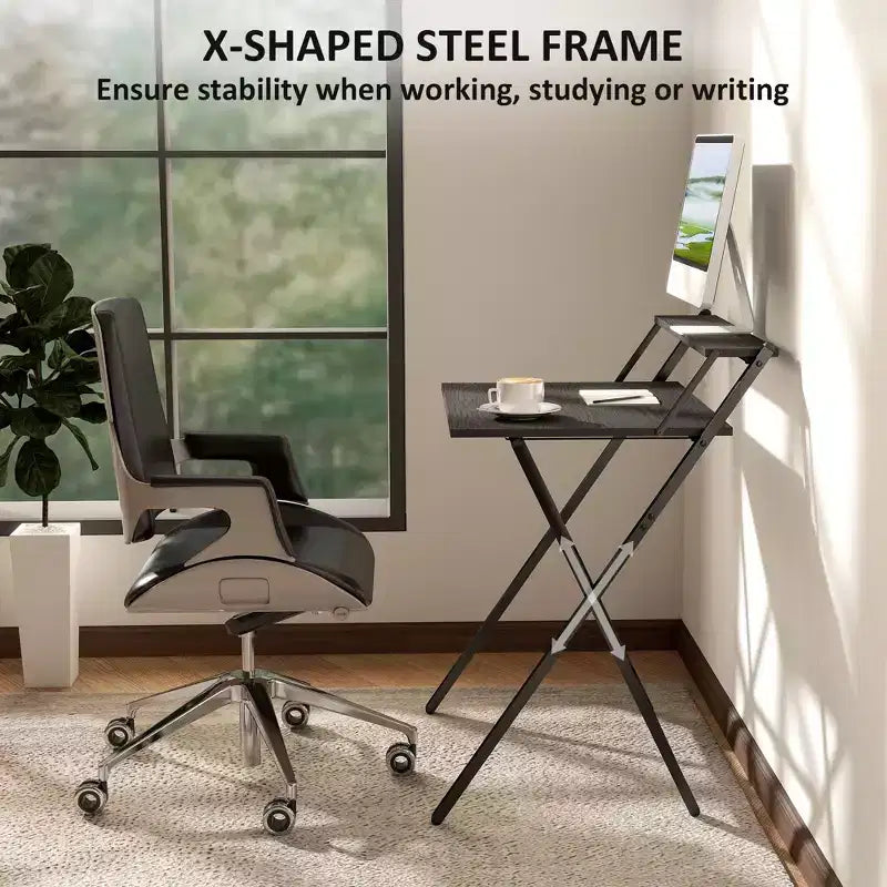 Bureau d'étude pliable,Bureau informatique pliable avec étagère pour moniteur,Cadre en acier en forme de X,Bureau d'écriture pour bureau à domicile,étude,petits espaces