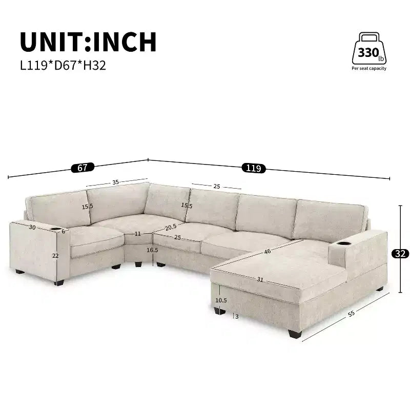 Canapé d'angle en chenille 6 places en U avec grande méridienne