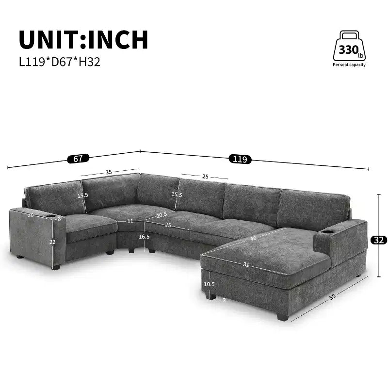 Canapé d'angle en chenille 6 places en U avec grande méridienne
