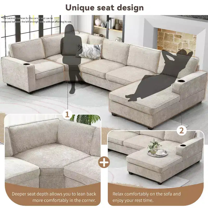 Canapé d'angle en chenille 6 places en U avec grande méridienne
