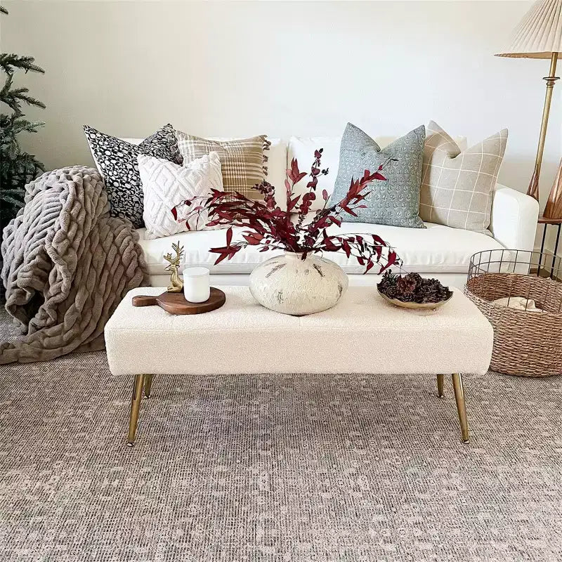 Banc capitonné en fausse peau de mouton, avec capitonnage et pieds en métal, pour chambre/entrée/couloir