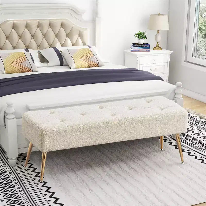 Banc capitonné en fausse peau de mouton, avec capitonnage et pieds en métal, pour chambre/entrée/couloir
