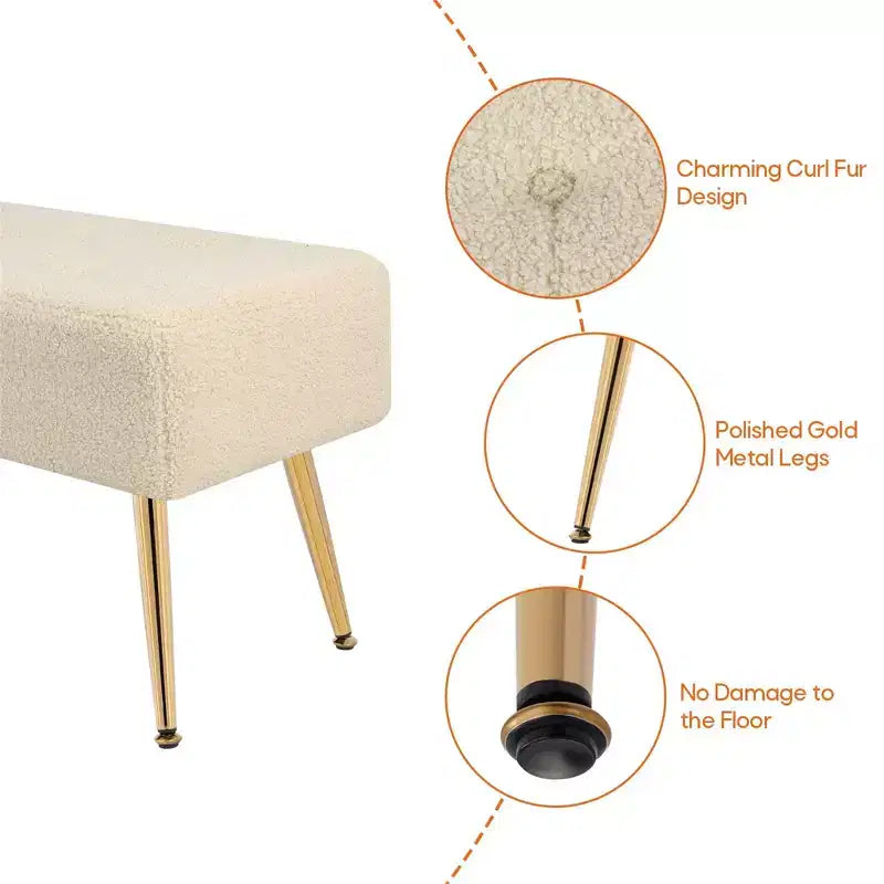 Banc capitonné en fausse peau de mouton, avec capitonnage et pieds en métal, pour chambre/entrée/couloir