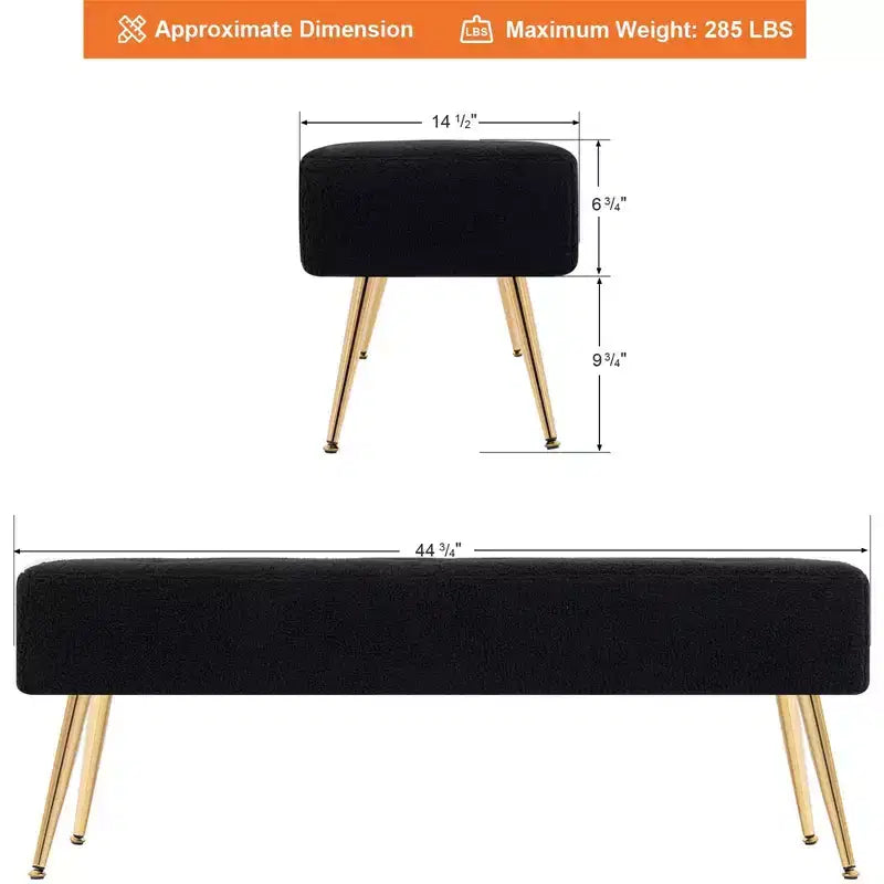 Banc capitonné en fausse peau de mouton, avec capitonnage et pieds en métal, pour chambre/entrée/couloir