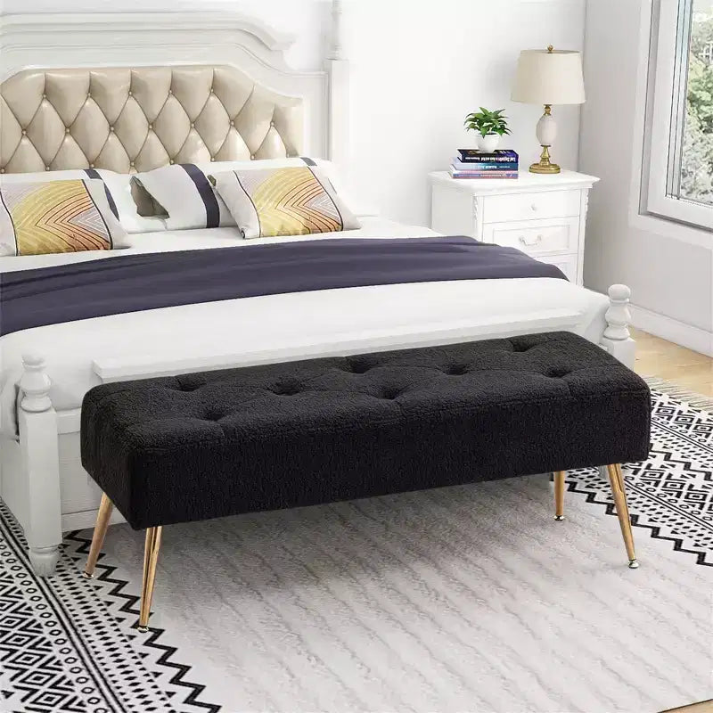 Banc capitonné en fausse peau de mouton, avec capitonnage et pieds en métal, pour chambre/entrée/couloir