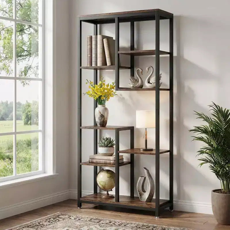 8-Tier Staggered Industrial Bookshelf, Vintage Wood Grain & Black Metal Frame Bookcase