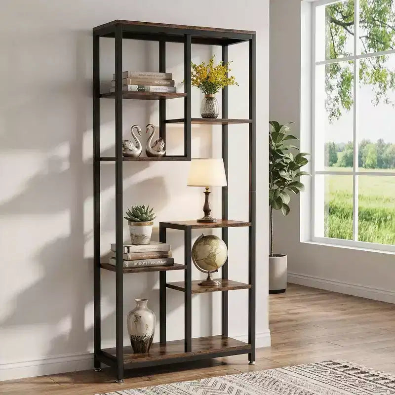 8-Tier Staggered Industrial Bookshelf, Vintage Wood Grain & Black Metal Frame Bookcase