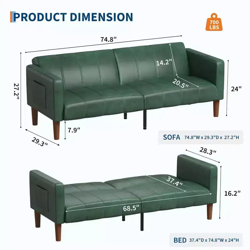 Canapé-lit futon 75 pouces, canapé convertible en similicuir, causeuse moderne du milieu du siècle pour petits espaces, salon, chambre à coucher, vert