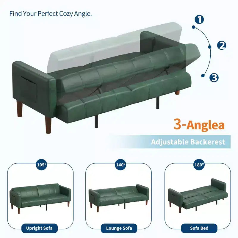 Canapé-lit futon 75 pouces, canapé convertible en similicuir, causeuse moderne du milieu du siècle pour petits espaces, salon, chambre à coucher, vert