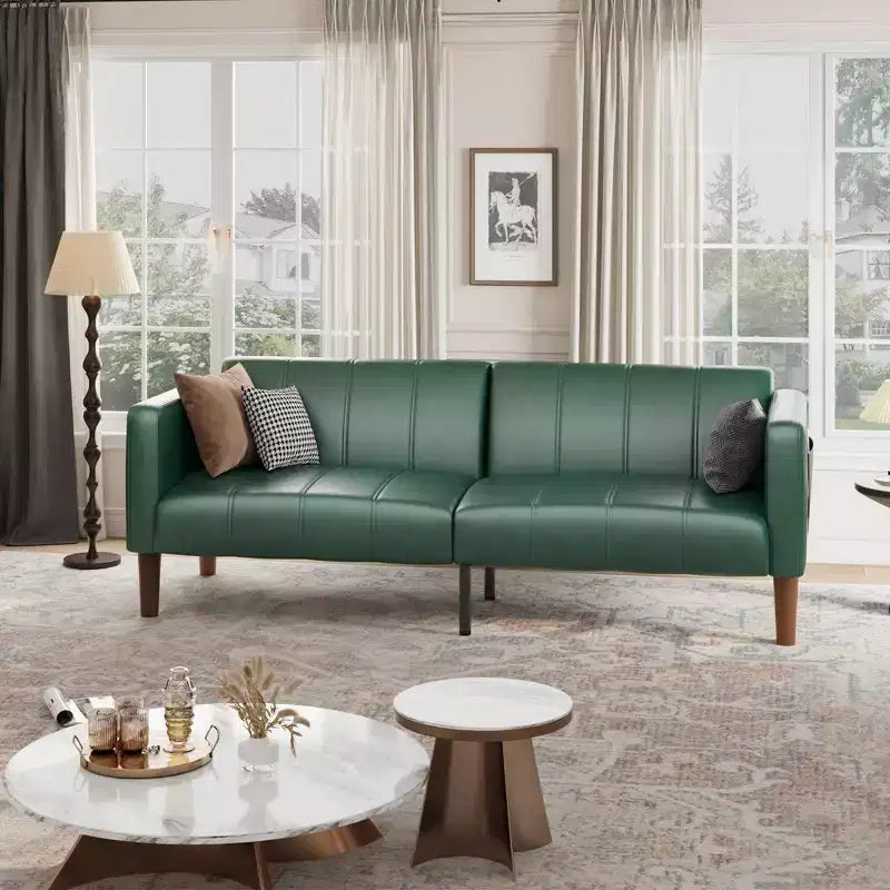 Canapé-lit futon 75 pouces, canapé convertible en similicuir, causeuse moderne du milieu du siècle pour petits espaces, salon, chambre à coucher, vert