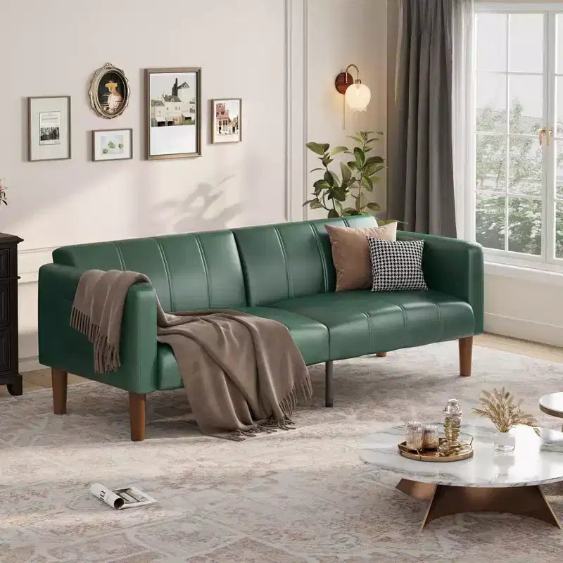 Canapé-lit futon 75 pouces, canapé convertible en similicuir, causeuse moderne du milieu du siècle pour petits espaces, salon, chambre à coucher, vert