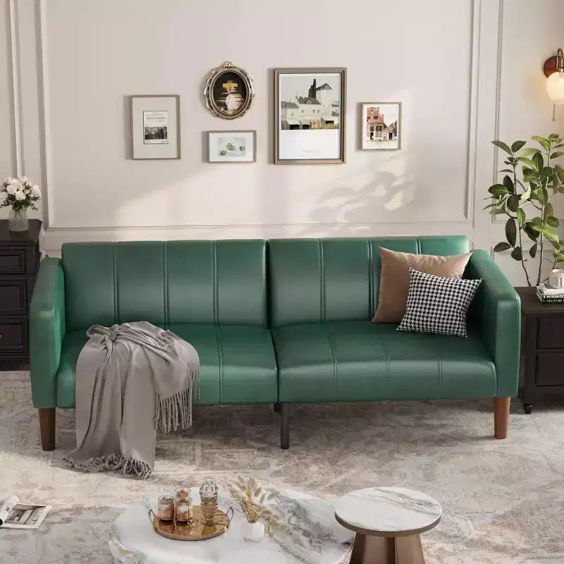 Canapé-lit futon 75 pouces, canapé convertible en similicuir, causeuse moderne du milieu du siècle pour petits espaces, salon, chambre à coucher, vert