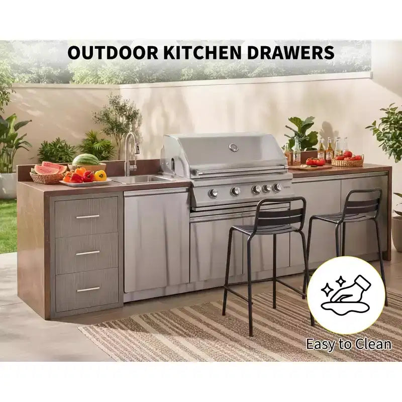 Tiroirs de cuisine extérieure 17 W x 30 H x 21 P, tiroirs triples encastrables pour barbecue avec poignée en acier inoxydable, combo porte-serviettes en papier pour îlot de barbecue