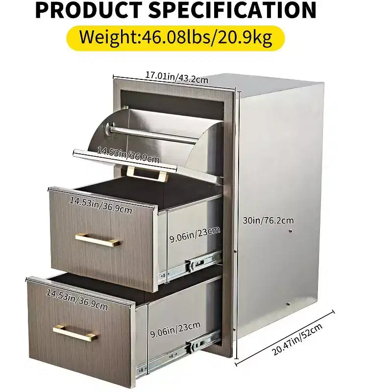 Tiroirs de cuisine extérieure 17 W x 30 H x 21 P, tiroirs triples encastrables pour barbecue avec poignée en acier inoxydable, combo porte-serviettes en papier pour îlot de barbecue